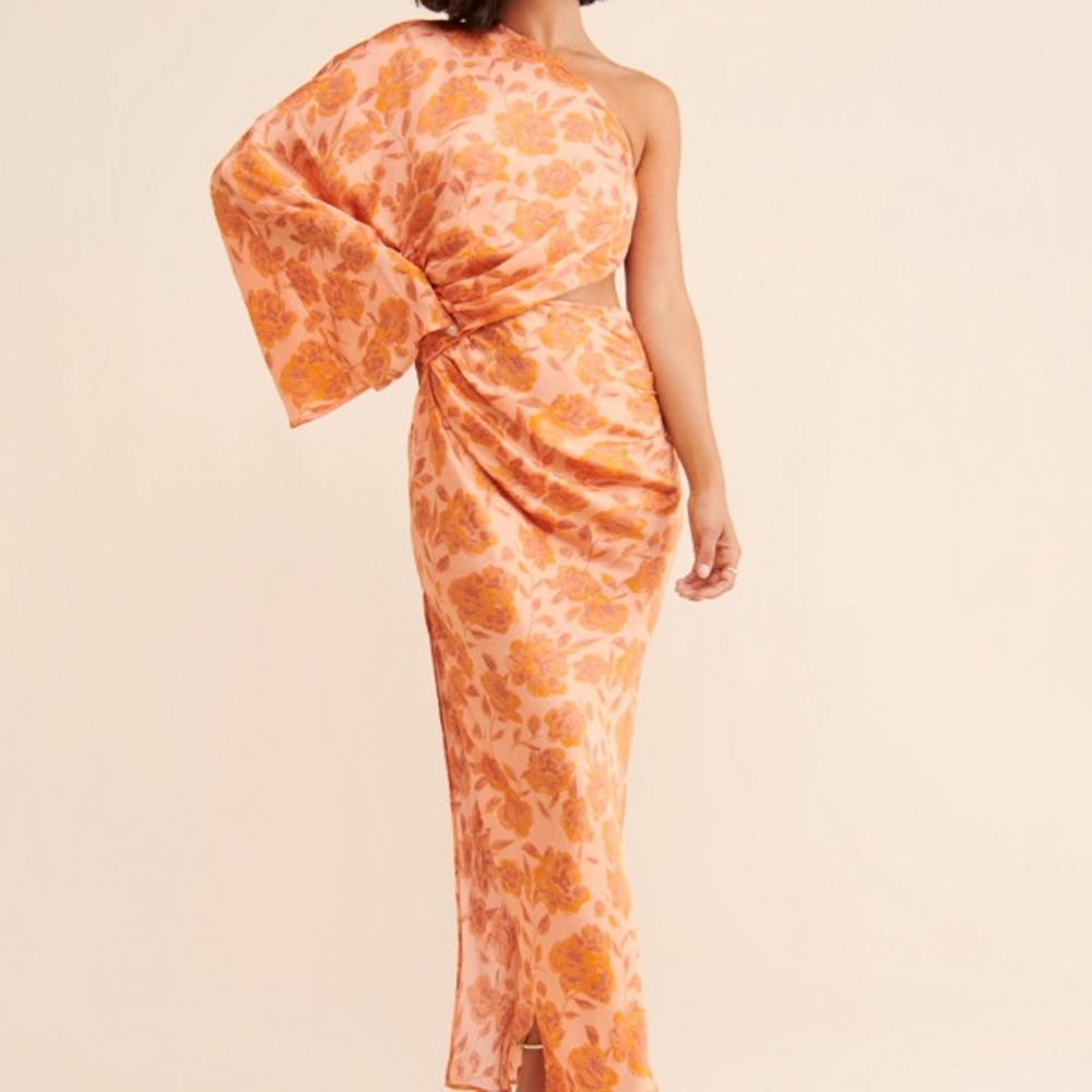 JENS PIRATE BOOTY One-Shoulder Pink & Orange Floral Satin Midi Dress